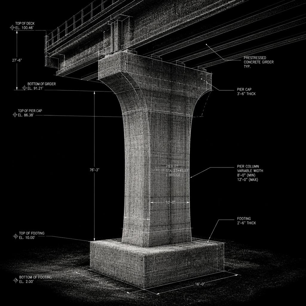 Point cloud survey of a concrete bridge pier annotated with dimensions